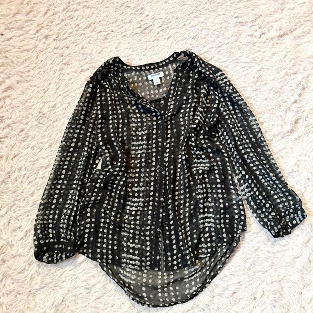 Sheer Polka Dot Retro Flowy Layering Pinup Button Down Top Womens S Monochrome